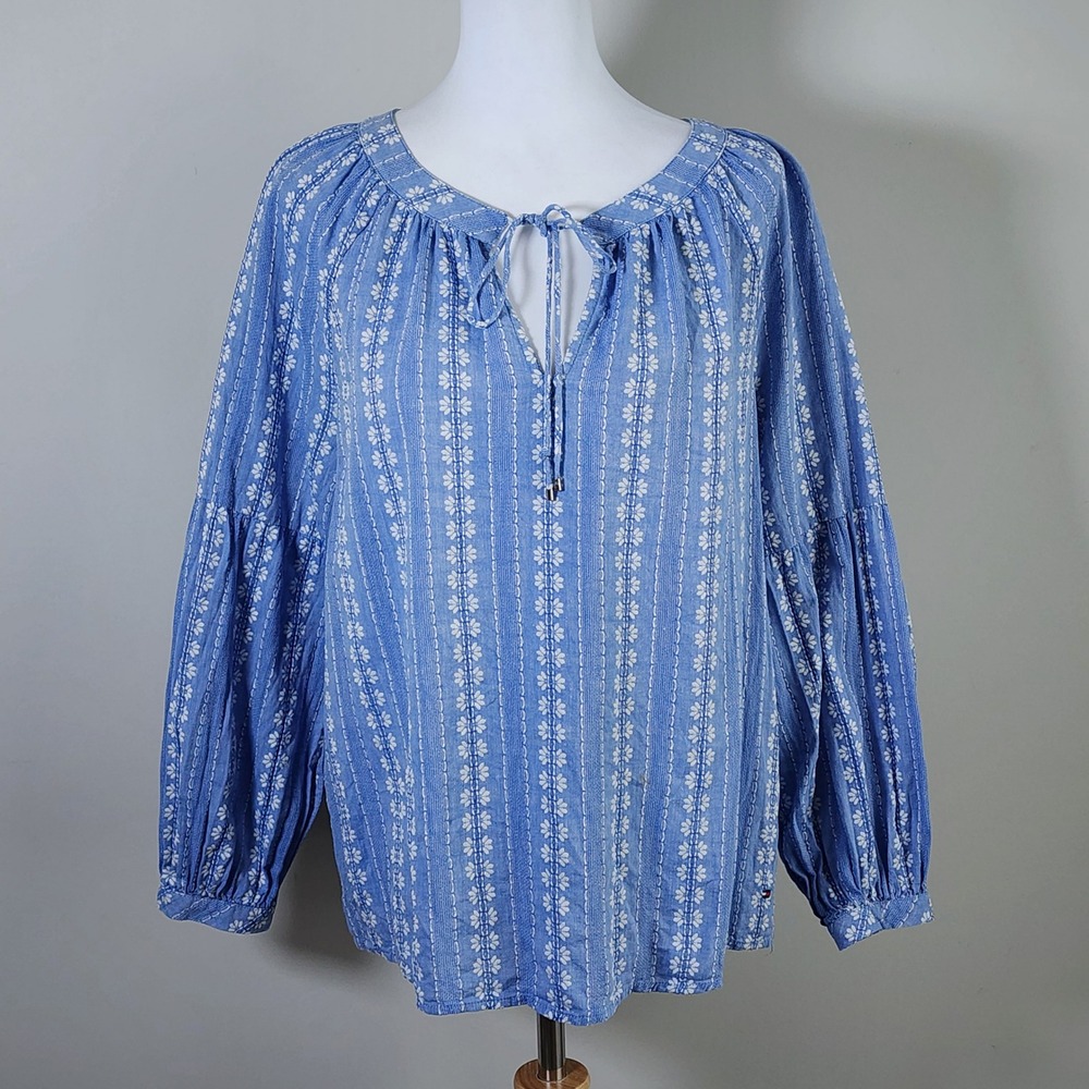 Tommy Hilfiger Peasant Blouse Womens Medium Blue Floral Boho Cotton Top Cottage